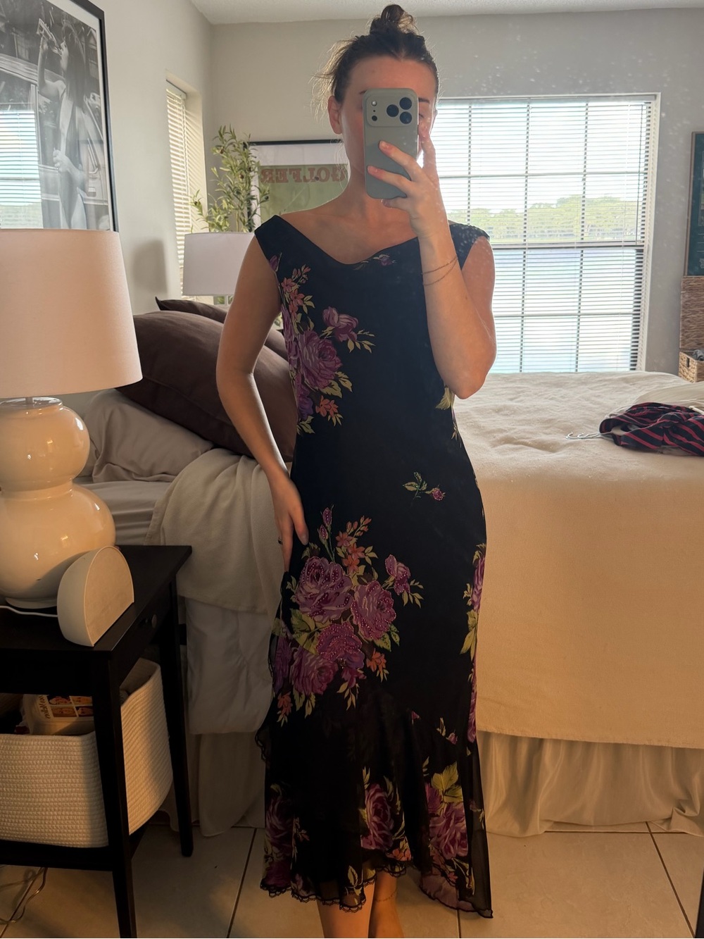 Black Floral Maxi Dress with Purple Roses